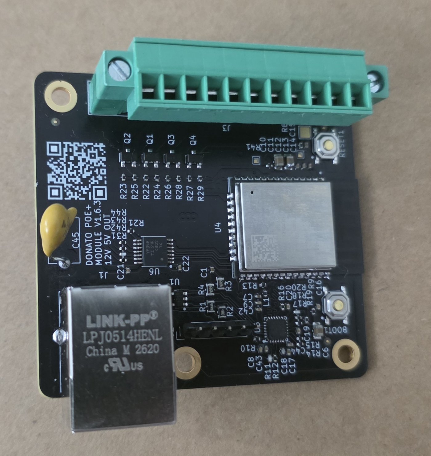 Donato PoE Module component side — ESP32, PoE+ front-end, RJ45 magjack, four screw-terminal outputs